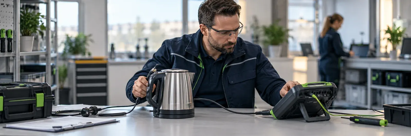 Befähigte Person prüft ein elektrisches Arbeitsmittel am Prüfplatz