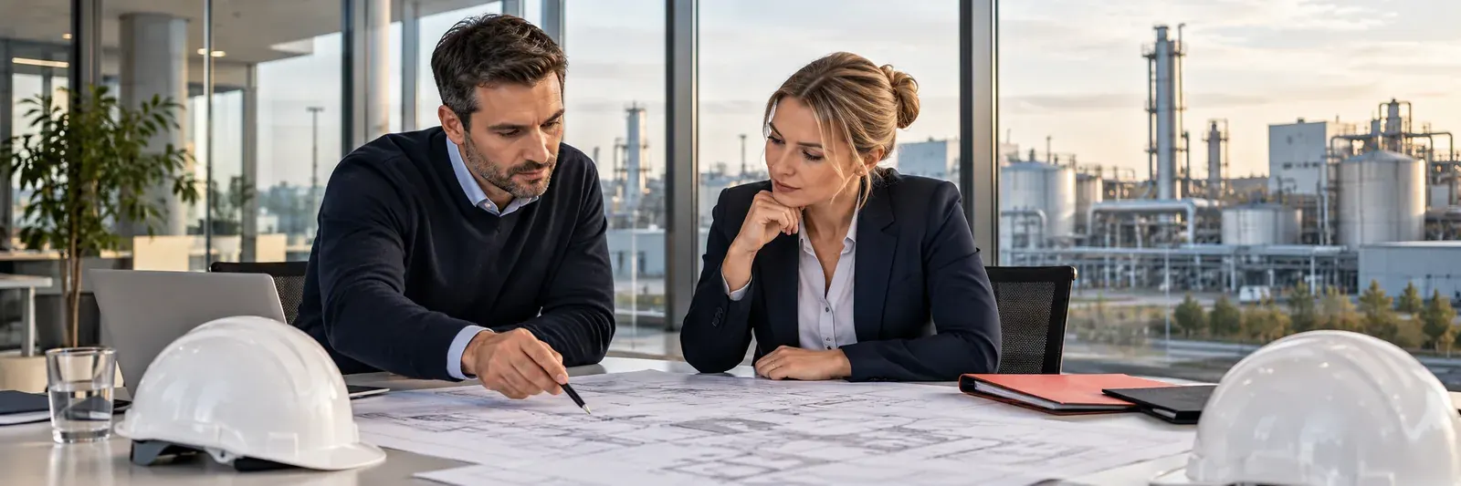HSE-Projektteam prüft Pläne im Besprechungsraum einer Industrieanlage