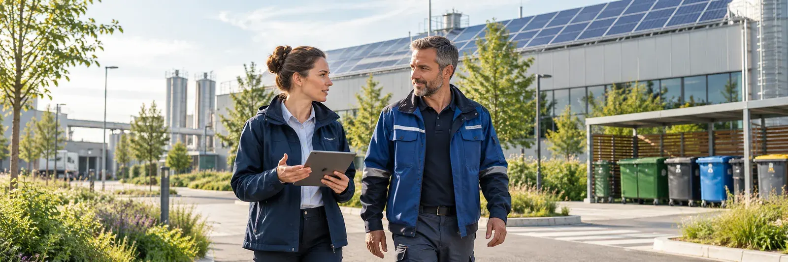 Zwei Fachleute mit Tablet vor einem Betriebsgebäude mit Solaranlage