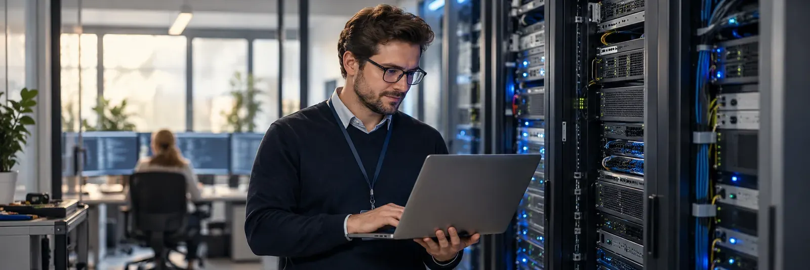 IT-Verantwortlicher mit Laptop im Serverraum