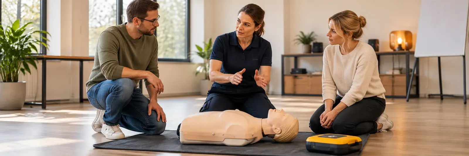 Erste-Hilfe-Training mit Übungspuppe und Defibrillator