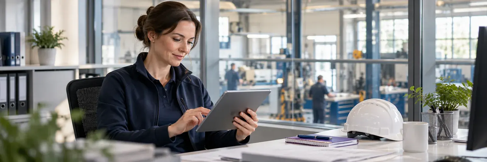 Mitarbeiterin ruft eine digitale Unterweisung auf dem Tablet auf