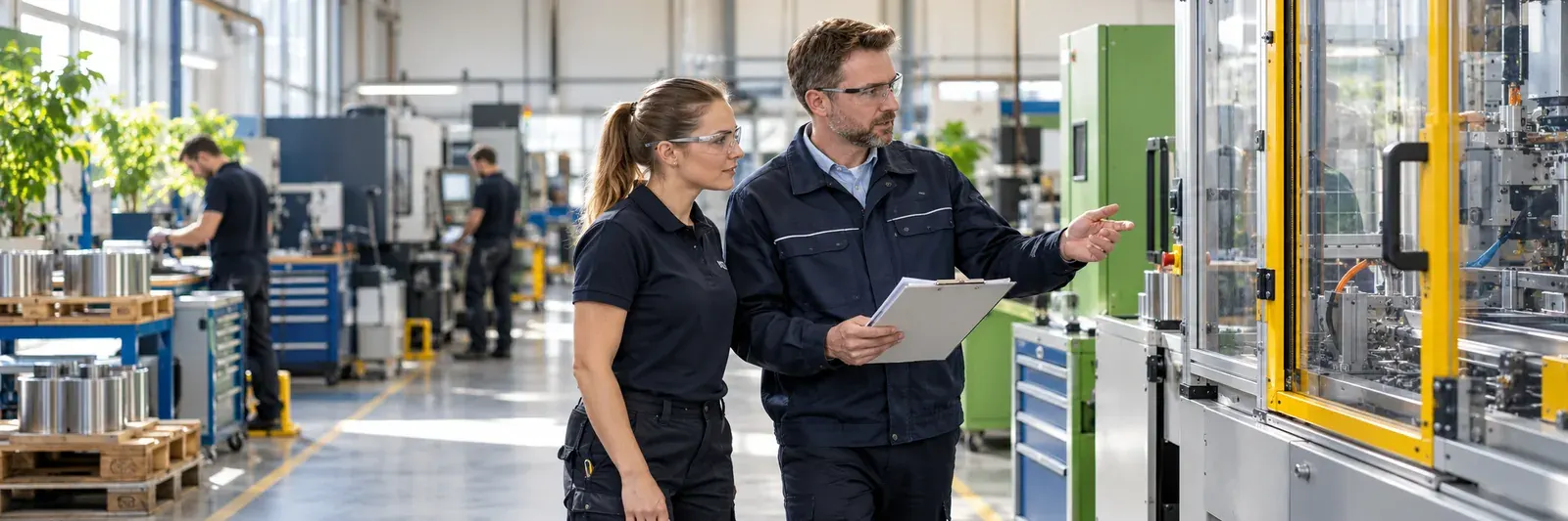 Fachkraft für Arbeitssicherheit bespricht mit einer Mitarbeiterin eine Maschine in der Produktion