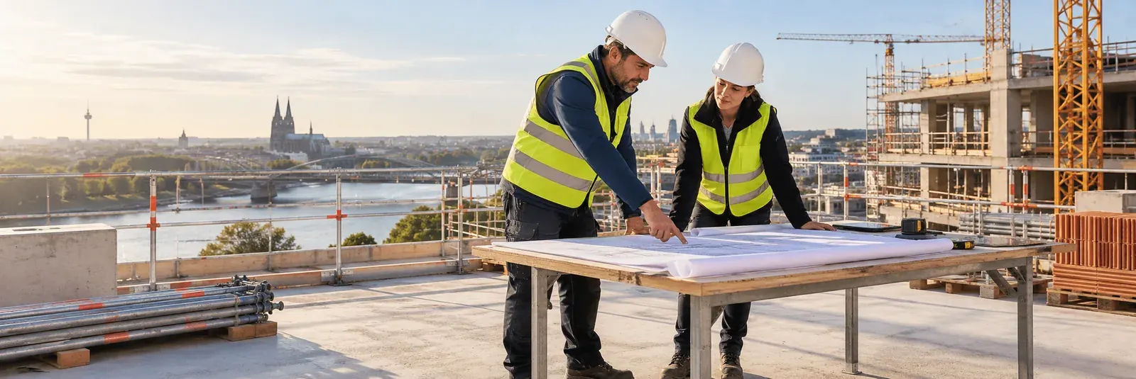 SiGe-Koordinator bespricht Baupläne mit dem Polier auf der Baustelle