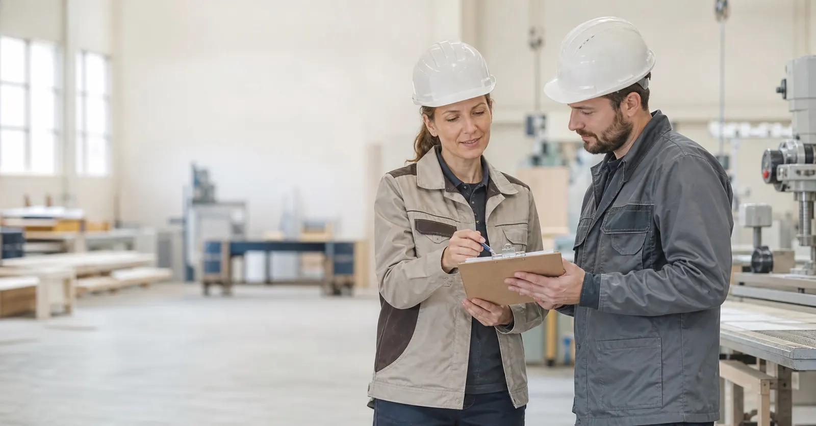 Fachkraft für Arbeitssicherheit mit Helm bei der Betriebsbegehung